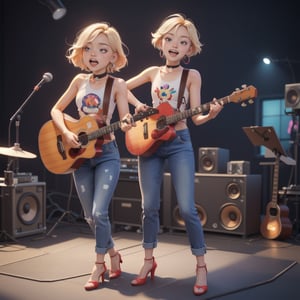 (isometric 3D model:1.1).(ultra-detailed,best quality,masterpiece,finely detail, high res,8K RAW photo,realism),rock music atmosphere,(smiling,open mouth:1.1),(Japanese Girl standing and singing while playing guitar,semiacoustic guitar,beautiful short staturet girl,makeup,full body:1.1),wearing graphic tank top,jeans,high heels:1.1),(beautiful fluffy short hair,blonde hair,bangs),(round face,large-pupils,droopy eyes,slender body,small breasts,thin waist,thin arms and legs:1.2),(large earrings,choker),front view,isometric,diorama,bloom,high lights.(from a distance:1.2),realistic lighting,Chibi,in front music studio,
BREAK 
(simple background,Vivid and colorful background:1.3),isometric view