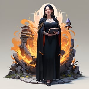 (isometric 3D model:1.1).(ultra-detailed,best quality,masterpiece,finely detail,high res,8K RAW photo,realism),solo,(22 years old,she is a gentle witch,beautiful girl,standing on cobblestone,frontal face,frontal body,isometric view,full body:1.2),(wearing black dress and cloak.holds a magic wand in her right hand. In her left hand she holds a magic book.:1.2),(beautiful straight black hair,very long hair,bangs:1.1),(round face,large-pupils,droopy eyes,medium body,big breasts:1.2),(large earrings,necklace),isometric,diorama,bloom,high lights.(from a distance.long shot:1.2)
BREAK 
(simple background,background color is white:1.3),nodf_lora,fantasy