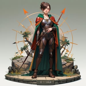 (isometric 3D model:1.1).(ultra-detailed,best quality,masterpiece,finely detail,high res,8K RAW photo,realism),solo,(26 years old,she is an intelligent archer,beautiful girl,standing on cobblestone,frontal face,frontal body,isometric view,full body:1.2),(wearing leather armor and dark-green cloak.holds a long bow in her right hand. In her left hand she holds a arrow.hood up:1.2),(beautiful straight brown hair,bun hair,bangs:1.1),(round face,large-pupils,droopy eyes,slender body,small breasts:1.2),(large earrings,necklace),isometric,diorama,bloom,high lights.(from a distance.long shot:1.2)
BREAK 
(simple background,background color is white:1.3),nodf_lora,fantasy