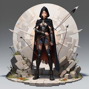 (isometric 3D model:1.1).(ultra-detailed,best quality,masterpiece,finely detail,high res,8K RAW photo,realism),solo,(31 years old,she is an cunning archer,beautiful girl,standing on cobblestone,frontal face,frontal body,isometric view,full body:1.2),(wearing leather armor and black cloak.holds a long bow in her right hand. In her left hand she holds a arrow.hood up:1.2),(messy short hair,black hair,forehead:1.1),(round face,large-pupils,droopy eyes,fit body,small breasts:1.2),(large earrings),isometric,diorama,bloom,high lights.(from a distance.long shot:1.2)
BREAK 
(simple background,background color is white:1.3),nodf_lora,fantasy
