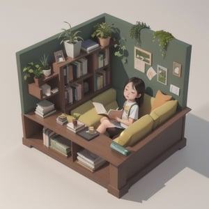 14 years old,cute japanese girl.A girl is sitting on the sofa and reading her book.isometric 3D model. Adhere to minimalist Japanese design principles and incorporate houseplants for a soothing atmosphere.(cutaway diagram,from a distance:1.2)