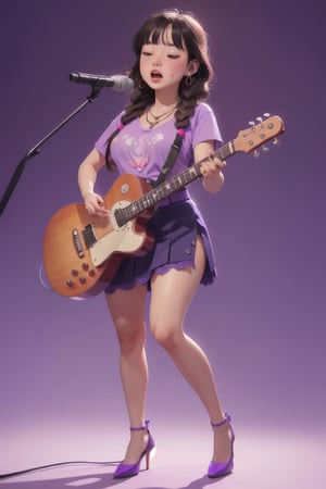 masterpiece of watercolor,soft Light,best quality,16 years old,Japanese Girl singing in recording studio,playing white electric guiter with strap,red guiter,short stature,very cute,(bangs,fluffy black medium hair,low twin-braids),round face,cute round droopy eyes,(closed eyes:0.5),(blush:1.2),(open mouth,pink lips),plump cheeks,medium body,gigantic breast,thin waist,wide hips,muscular thick legs,white skin,sweaty skin,jewelry earring,necklace,gothic T-shirt,waist chain,belt,long skirt,lace stockings,high heels,perfect hands,front view,from front,full body
BREAK
(simple background,light-purple background,many Music notes:1.3)