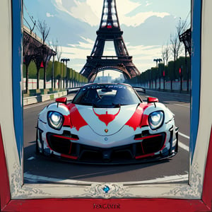 masterpiece,best quality,(photo-realistic),car concept art,(art nouveau style colouring racing_car style black porsche 918 Spyder with winglet decoration:1.1)
BREAK
(art nouveau style illsturation of One Eiffel Tower and French flag,Art Nouveau style picture frame:1.2),front view,from front,ASURADA_GSX