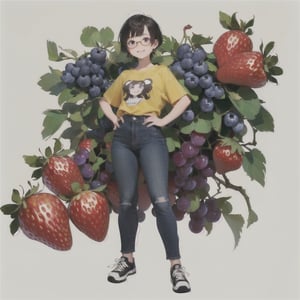 (ultra-detailed,best quality,masterpiece,finely detail, high res,8K RAW photo,realism),solo,(14 years old,Girl standing among big strawberries and blueberries and grapes on the ground,smiling,beautiful short staturet girl,frontal body,full body:1.2),(wearing Yellow T-shirt,jeans,shoes,thick rim glasses:1.2),(beautiful Black hair,fluffy pixie cut,bangs),(round face,large-pupils,big round eyes,slender body,small breasts,thin waist,thin arms and legs.long torso:1.2),(large earrings),front view,isometric,diorama,bloom,high lights.(from a distance.long shot:1.2),realistic lighting,(simple background,white background:1.3),post-Impressionist,cartoon