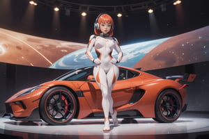 Masterpiece,best quality,space fantasy atmosphere,(A girl standing upright,perfect body,bangs,various hair style),very pretty japanese girl,round face,cute eyes,(various body shape,body thickness,breast size and torso length.),wearing beautiful bodysuit,camel toe,space fantasy style headset,earrings,wide shot,full body
BREAK
white and red color Perfect Racing hyper-car parked on the stage in car show,from front