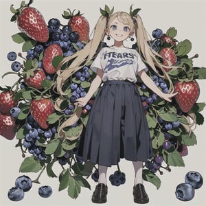 (ultra-detailed,best quality,masterpiece,finely detail, high res,8K RAW photo,realism),solo,(14 years old,Girl standing among big strawberries and blueberries and grapes and figs on the ground,smiling,beautiful short staturet girl,frontal body,full body:1.2),(wearing tight T-shirt,long skirt,stockings,loafers:1.2),(beautiful blonde hair,twin-tails,bangs),(round face,large-pupils,big round eyes,medium body,natural breasts,thin waist,wide hips:1.2),(large earrings),front view,isometric,diorama,bloom,high lights.(from a distance.long shot:1.2),realistic lighting,(simple background,white background:1.3),post-Impressionist,cartoon