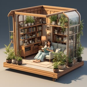 (isometric 3D model:1.1). 26 years old,cute girl.looking at viewr,perfect eyes,(A girl is sitting on the sofa and reading her book:1.2),Adhere to victorian design principles and incorporate houseplants for a soothing atmosphere,retro car on the other side of the window,isometric,,diorama,bloom,high lights.(cutaway diagram,from a distance:1.3),isometric view