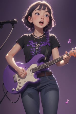 masterpiece of watercolor,soft Light,best quality,16 years old,Japanese Girl singing in recording studio,playing white electric guiter with strap,short stature,very cute,(bangs,fluffy black short-hair),(twin braids:1.2),round face,cute round droopy eyes,(closed eyes:0.5),(blush:1.2),(open mouth),plump cheeks,medium body,heavy gigantic breast,thin waist,large hips,muscular thick thigh,white skin,sweaty skin,earring,necklace,rococo style black T-shirt,belt,jeans with lace-up decoration,perfect hands,frfrontal body,ont view,from front,full body
BREAK
(simple background,light-purple background,many Music notes:1.3)