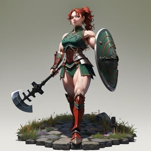 (isometric 3D model:1.1).(ultra-detailed,best quality,masterpiece,finely detail,high res,8K RAW photo,realism),(The girl is a strong warrior,beautiful girl,standing on cobblestone,frontal face,frontal body,isometric view,full body:1.2),(wearing female warrior armor and dark-green clork.holds a battle axe in her right hand. In her left hand she holds a small-shield.:1.2),(beautiful wavy hair,red hair,pony tail,bangs),(round face,large-pupils,droopy eyes,thick muscular body,thick muscular arms and legs:1.2),(earrings),isometric,diorama,bloom,high lights.(from a distance.long shot:1.2)
BREAK 
(simple background,background color is white:1.3),nodf_lora,fantasy