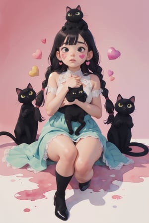 (masterpiece of watercolor,high color:1.1),16 years old,very short stature,solo,pretty Idol girl sit down frontal body,(black cat on her head),(hands on chest:1.1),legs apart,plump round face,(droopy black eyes,round eyes),slender body girl,natural big breast,tunic dress and long skirt with lace decoration,lace stockings,pumps,black hair,straight long hair,low twin-braids,bangs,heart paint on cheek,look up,(cross-eyed:0.3),from front,full body
BREAK
simple background,PINK background,broken water color,(colorful heart shapes are scattered),cat,cartoon,post-Impressionist