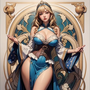 (masterpiece,photo-realistic,RAW photo,8K wallpaper),best quality,A masterpiece of Art Nouveau style illustration,The goddess of victory standing wide stance,wearing Art Nouveau style clothes,fluffy dress,corset,fluffy wide skirt,(holding the French flag:1.2). Glamorous thick body, beautiful big breasts, white skin,blonde, bangs,wavy hair,Japanese girl's face