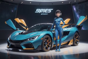 Masterpiece,best quality,space fantasy atmosphere,(Two girls standing close together,perfect body,bangs,various hair style),very pretty japanese girl,round face,cute eyes,very slender body,thin arms and legs,wearing beautiful bodysuit,blue costume,camel toe,space fantasy style headset,earrings,wide shot,full body
BREAK
Perfect Racing hyper-car parked on the stage in car show,from front,A car is black with gold decoration