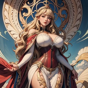 masterpiece,8K wallpaper,best quality,A masterpiece of Art Nouveau style illustration,The goddess of victory standing wide stance,wearing Art Nouveau style clothes,fluffy dress,corset,fluffy long_skirt,(holding the French flag).(Liberty Leading the People:0.5),Glamorous thick body, beautiful big breasts, white skin,blonde, bangs,wavy long hair,Japanese girl's face