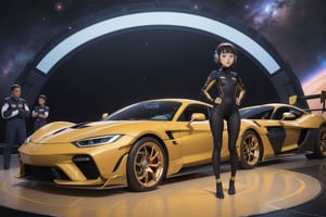 Masterpiece,best quality,space fantasy atmosphere,(Two girls standing close together,perfect body,bangs,various hair style),very pretty japanese girl,round face,cute eyes,very fit body,thin arms and legs,wearing beautiful bodysuit,black costume,camel toe,space fantasy style headset,earrings,wide shot,full body
BREAK
A car is white with gold line decoration,Perfect Racing hyper-car parked on the stage in car show,from front