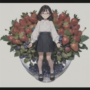 (ultra-detailed,best quality,masterpiece,finely detail, high res,8K RAW photo,realism),solo,(14 years old,Girl standing among big strawberries and blueberries and grapes on the ground,smiling,beautiful short staturet girl,frontal body,full body:1.2),(wearing blouse,skirt,shoes,thick rim glasses:1.2),(beautiful Black hair,fluffy pixie cut,bangs),(round face,large-pupils,big round eyes,slender body,small breasts,thin waist,thin arms and legs.long torso:1.2),(large earrings),front view,isometric,diorama,bloom,high lights.(from a distance.long shot:1.2),realistic lighting,(simple background,white background:1.3),post-Impressionist,cartoon
