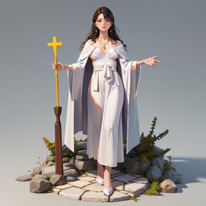 (isometric 3D model:1.1).(ultra-detailed,best quality,masterpiece,finely detail,high res,8K RAW photo,realism),solo,(33 years old,She is a strong-willed white wizard.,standing on cobblestone,frontal face,frontal body,isometric view,full body:1.2),(wearing holly robe and white cloak.holds a magic wand in her right hand. In her left hand she holds a tiny cross.shoes:1.2),(beautiful straight long hair,brunette,bangs:1.1),(round face,large-pupils,almond eyes,fit body,small breasts:1.2),(large earrings,necklace),isometric,diorama,bloom,high lights.(from a distance.long shot:1.2)
BREAK 
(simple background,background color is white:1.3),nodf_lora,fantasy