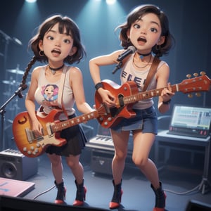 (isometric 3D model:1.1).(ultra-detailed,best quality,masterpiece,finely detail, high res,8K RAW photo,realism),rock music atmosphere,(smiling,open mouth:1.1),(Japanese Girl standing and singing while playing guitar,electric guitar,beautiful short staturet girl,makeup,full body:1.1),wearing graphic tank top,skirt,stockings,high heels:1.2),(beautiful fluffy short hair,black hair,thick twin-Braids,bangs),(round face,large-pupils,droopy eyes,chubby thick body,gigantic breasts,thin waist,wide hips,very thick legs:1.2),(large earrings,choker),front view,isometric,diorama,bloom,high lights.(from a distance:1.2),realistic lighting,Chibi,in front music studio,
BREAK 
(simple background,Vivid and colorful background:1.3),isometric view
