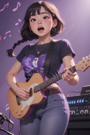 masterpiece of watercolor,soft Light,best quality,16 years old,Japanese Girl singing in recording studio,playing white electric guiter with strap,short stature,very cute,(bangs,fluffy black short-hair,twin-braids),round face,cute round droopy eyes,(closed eyes:0.5),(blush:1.2),(open mouth),plump cheeks,medium body,gigantic breast,thin waist,wide hips,muscular thick legs,white skin,sweaty skin,earring,necklace,gothic T-shirt,belt,jeans,perfect hands,front view,from front,cowboy shot
BREAK
(simple background,light-purple background,many Music notes:1.3)