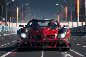 (ultra-detailed, best quality, masterpiece, photo-realistic, 8K wallpaper),cyberpunk and gothic fantastic atmosphere,beautiful convertible car on the winding road,It has a lot of winglets,slanted headlights,light on,(Racing car is red with white line decoration.A car with fantasic armored decoration,A winding road with height differences,(front view:1.2),high color
BREAK
(A castle can be seen beyond the deep forest,dark night,light up),ASURADA_GSX,xsty