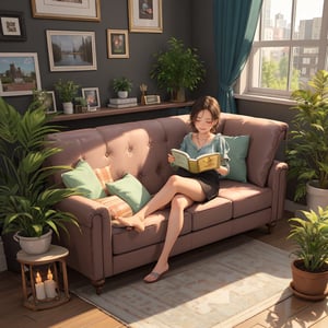 (isometric 3D model:1.1). 14 years old,cute girl.looking at viewr,perfect eyes,(A girl is sitting on the sofa and reading her book:1.2),Adhere to victorian design principles and incorporate houseplants for a soothing atmosphere,Park a retro car next to the outside room,isometric,,diorama,bloom,high lights.(cutaway diagram,from a distance:1.3),isometric view