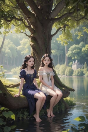 masterpiece,cowboy shot, portrait,Fantastic and dreamy atmosphere,Two aristocratic girls is resting in the shade of a tree by the lake, sitting leaning against a tree,in deep forest,A large castle can be seen beyond the deep forest.Fantasic dress,barefoot