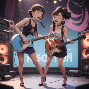 (isometric 3D model:1.1).(ultra-detailed,best quality,masterpiece,finely detail, high res,8K RAW photo,realism),rock music atmosphere,(smiling,open mouth:1.1),(Japanese Girl standing and singing while playing guitar,semiacoustic guitar,beautiful short staturet girl,makeup,full body:1.1),wearing graphic tank top,skirt,stockings,high heels:1.1),(beautiful fluffy short hair,black hair,thick twin-Braids,bangs),(round face,large-pupils,droopy eyes,chubby body,gigantic breasts,thin waist,wide hips,very thick legs:1.2),(large earrings,choker),front view,isometric,diorama,bloom,high lights.(from a distance:1.2),realistic lighting,Chibi,in front music studio,
BREAK 
(simple background,Vivid and colorful background:1.3),isometric view
