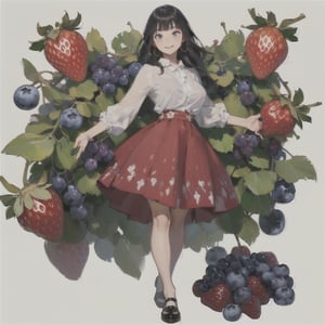 (ultra-detailed,best quality,masterpiece,finely detail, high res,8K RAW photo,realism),solo,(14 years old,Girl standing among big strawberries and blueberries and grapes on the ground,smiling,beautiful short staturet girl,frontal body,full body:1.2),(wearing blouse,skirt,shoes:1.2),(beautiful long hair,black hair,bangs),(round face,large-pupils,big round eyes,medium body,big breasts,thin waist,wide hips.long torso:1.2),(large earrings),front view,isometric,diorama,bloom,high lights.(from a distance.long shot:1.2),realistic lighting,(simple background,white background:1.3),post-Impressionist,cartoon