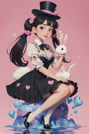(masterpiece of watercolor,high color:1.1),photo-realistic,18 years old,very short stature,solo,happy,pretty Idol girl sitting frontal body,(mini top hat on rabbit on her head:1.2),holding rabbit,legs apart,plump round face,(black eyes,round eyes),slender body girl,medium breast,gothic-lolita dress with lace decoration,lace stockings,pumps,straight black hair,(twin-tails:1.2),bangs,heart paint on cheek,from front,full body,(ultra-detailed rabbit:1.1)
BREAK
simple background,PINK background,broken water color,(colorful heart shapes are scattered),rabbit,cartoon,post-Impressionist