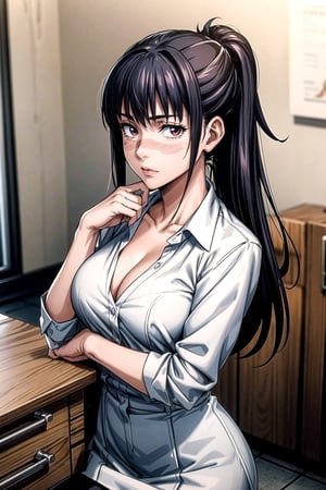 realistic body, detailed body, detailed eyes, realistic face,masterpiece,  secretary clothing style, white shirt mini skirt, her body lines are visible,her cleavage is visible, medium boobs, high quality, 8k, best quality,1women, beautiful, looking_at_viewer, thick_body, shy, mature_woman, full_body,  visible collarbone, leggings, realistic, large_thighs, veiny thighs(2.1),    , long_hair, pony_tail,at the workplace, high_resolution,   ,utahime iori, scar on face