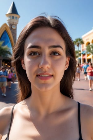 Portrail entire body of a young woman, showing your face, 30 year old, 8k, in universal orlando in a sunny day