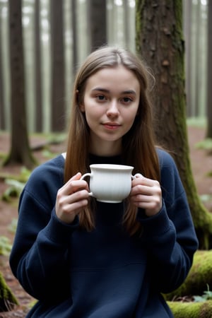 Portrail of a young woman, 8k, drinking tea in the forest