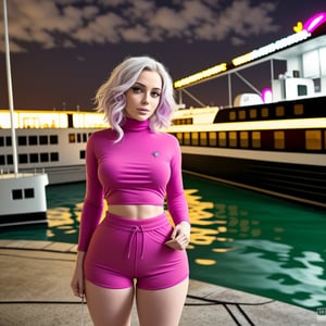 masterpiece, woman in a Magenta turtleneck and Cotton Candy Pink micro shorts is standing next to a Riverboat with a cyberpunk background, bracelet, white hair, jewelry, letterboxed, lips, living hair hair, makeup, gigantic breasts, midriff, nail_polish, navel, friendship charm, nose,   realistic, shorts, solo, tattoo,wristband, dynamic lighting, atmosphere lighting, perfect eyes, sharp focus, 8k high definition, insanely detailed, intricate,Big ass,,<lora:659111690174031528:1.0>
