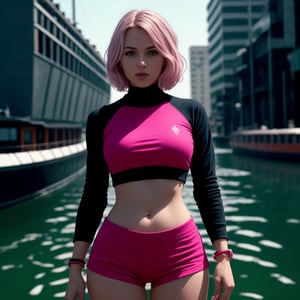 masterpiece, woman in a Magenta turtleneck and Cotton Candy Pink micro shorts is standing next to a Riverboat with a cyberpunk background, bracelet, white hair, jewelry, letterboxed, lips, living hair hair, makeup, gigantic breasts, midriff, nail_polish, navel, friendship charm, nose,   realistic, shorts, solo, tattoo,wristband, dynamic lighting, atmosphere lighting, perfect eyes, sharp focus, 8k high definition, insanely detailed, intricate,Big ass,,<lora:659111690174031528:1.0>,<lora:659111690174031528:1.0>