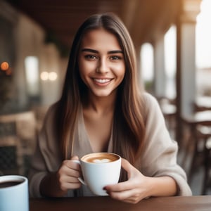 Young woman taking hot coffe ina terrace