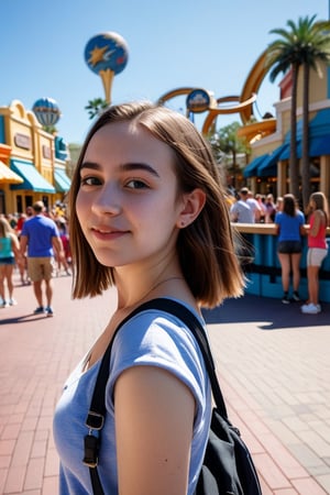 Portrail of a young woman, 8k, doing line in universal orlando in a sunny day, dreser with a tiny short, big but.