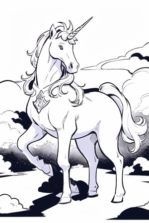 Unicorn, horse body, full body, focus on the unicorn, hand drawn, coloring book page, clean line art, black and white art, easy, continuous line, well defined. background in white.