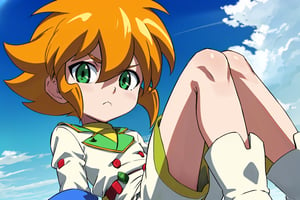 yutendo, 1boy, solo, yellow shirt, white tunic (sky blue sleeve ends), green eyes, orange hair, fluffy hair, pale skin, white shorts (knee-length), lapels with lime green markings, white boots (mid-calf length), close-up, apathetic face, looking at viewer, NUDITY , TRASERO