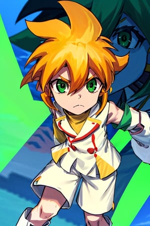 yutendo, 1boy, solo, yellow shirt, white tunic (sky blue sleeve ends), green eyes, orange hair, fluffy hair, pale skin, white shorts (knee-length), lapels with lime green markings, white boots (mid-calf length), close-up, apathetic face, looking at viewer, best quality, amazing quality, very aesthetic, absurdres