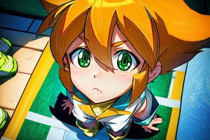 yutendo, 3Boy, Cama, Desnudos, Sin Ropa, yellow shirt, white tunic (sky blue sleeve ends), green eyes, orange hair, fluffy hair, pale skin, white shorts (knee-length), lapels with lime green markings, white boots (mid-calf length), close-up, apathetic face, looking at viewer, best quality, amazing quality,