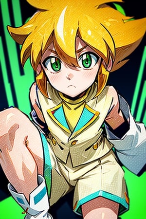 Nudity, Nude, 1boy, solo, yellow shirt, white tunic (sky blue sleeve ends), green eyes, orange hair, fluffy hair, pale skin, white shorts (knee-length), lapels with lime green markings, white boots (mid-calf length), close-up, apathetic face, looking at viewer, best quality, amazing quality, very aesthetic, absurdres