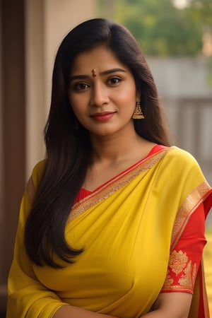 1 indian women 25 age look like [Supriya Pathak: Vijeta Pandit :0.5],portrait, high quality, highly detailed, detailed face, detailed,wearing red yellow saree and black blouse, round_breasts, 