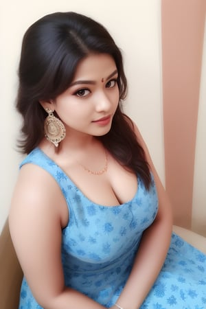 indian 25 year beautifull sexy girl, look like actress ((Shweta Tiwari: urvashi rautela :0.5)),Realistic photo,score_9,score_8_up,score_7_up, 1girl,long hair,looking at viewer,brown hair,black hair,dress,bare shoulders,brown eyes,jewelry,collarbone,upper body,earrings,large breasts, parted lips,sleeveless,mole,lips,mole under eye,makeup,sleeveless dress,depth of field,blurry background,blue dress,floral print
