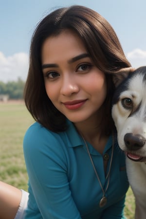 1 indian women 25 age look like [Mandy takhar,Nicoletta Kudryasheva : 0.5],[don't change face]portrait, high quality, highly detailed, detailed face, detailed,Under the blue sky, the young girl gracefully sat down on the lush grass, and the puppy faithfully nestled beside her. Her gaze toward the dog was filled with affection, a tender expression that spoke volumes of her love for the furry companion.smile, big eyes,The wind is blowing
