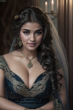 (masterpiece, best quality, ultra-detailed, 8K),high detail, realisitc detailed, a beautiful young mature arabic women curvy body with long flowy black hair over shoulders in the dark, wearing a full tight indian lacy net multi color saree fully see through dress in wedding palace tempting manner, blue eyes, pale soft skin, kind smile, glossy lips, a serene and contemplative mood, red lips,hd makeup,Indian,(blue eyes)(temptaation shy manner)
,Woman