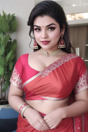 look like chubby ((Preity Zinta: Urvashi Rautela :0.5)),cute beautifull sexy chubby face, wearing red saree