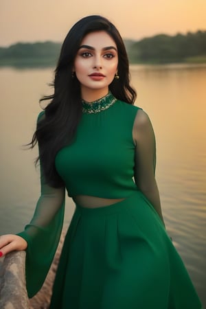 look like ((Adah Sharma,Gauahar Khan)),[don't change face],age 25, 1girl, (masterpice), best quality, high quality, high quality, high detail, perfect body, beautiful body, short green hair, green eyes, jewerly, black clothes, nature, water, lake, beautiful, sunset,realistic
