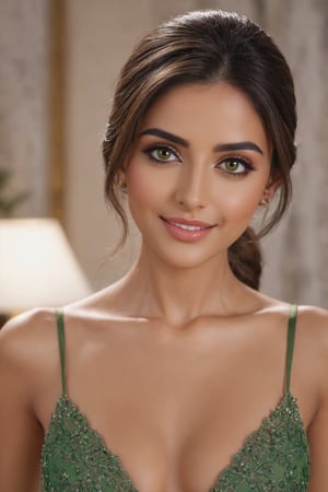 (Best quality, 4K, Full Size Long Shot Photo, Masterpiece: 1.3), Pretty Pakistani Woman, 1 Girl, (Brast, Attractive Body: 1.2), Abs: 1.1, Dark brown Hair: 1.1, Realism, Epic Detailed Face Smiling, Detailed Lips, Detailed Symmetrical Eyes, Perfect, Upturned Nose in proportion to the rest of the face. Double Eyelids, Sexy, Realistic Olive Green Eyes, in Her Luxury Bedroom