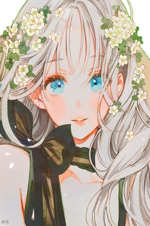 From side, long white hair in a ponytail withs bangs, grey eyes, goddess, sly smile, [spider lily flowers], black elaborate shirt, masterpiece, best quality,aesthetic,dark art,black background ,more detail XL, water,Kyoto animation style