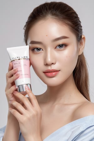 best quality, 8K, high resolution, masterpiece), ultra-detailed lifestyle photography capturing a model holding a luxury cosmetic skincare product, The model, with a radiant and healthy complexion, embodies elegance and confidence Gracefully holds the product,LinkGirl,korean girl,Vogue,perfect eyes