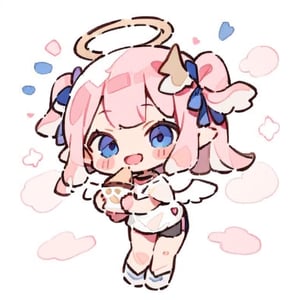  chibi, masterpiece, best quality, solo, 1girl, angel, (pink hair), long curly hair, (two side up),blue eyes, (two blue ribbons on her hair), ((Double golden halo on her head)), choker, ((angel wings)), full body, cute smile, best smile, open mouth, Wearing white T-shirt, short pants, eating, simple background,masterpiece,Chibi anime,doodle,cute comic,watercolor